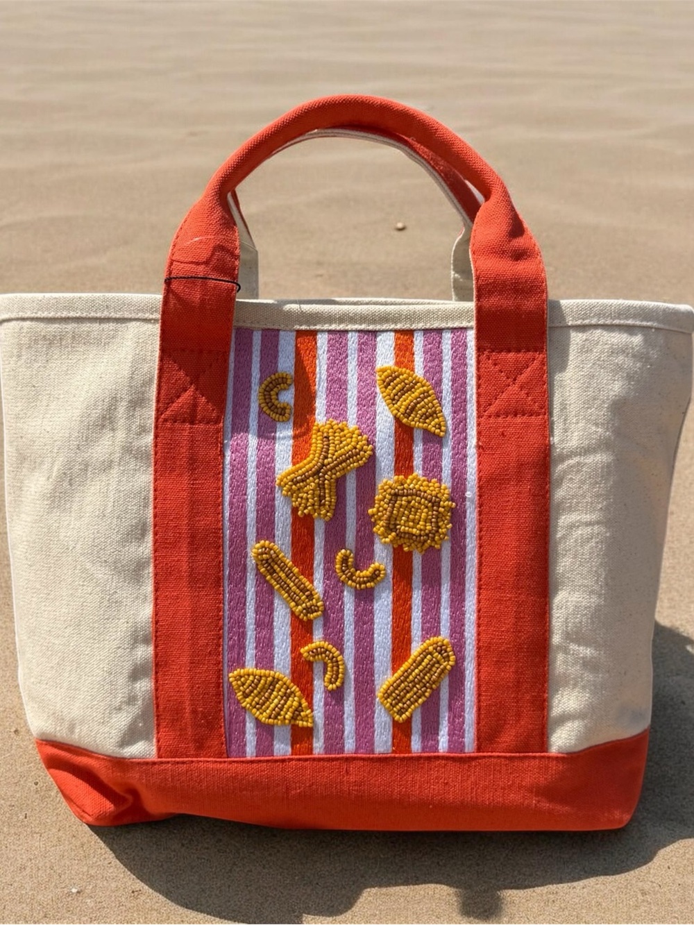 Viral TikTok Canvas Tote Bag with Orange Trim and Beaded Detail French new tags